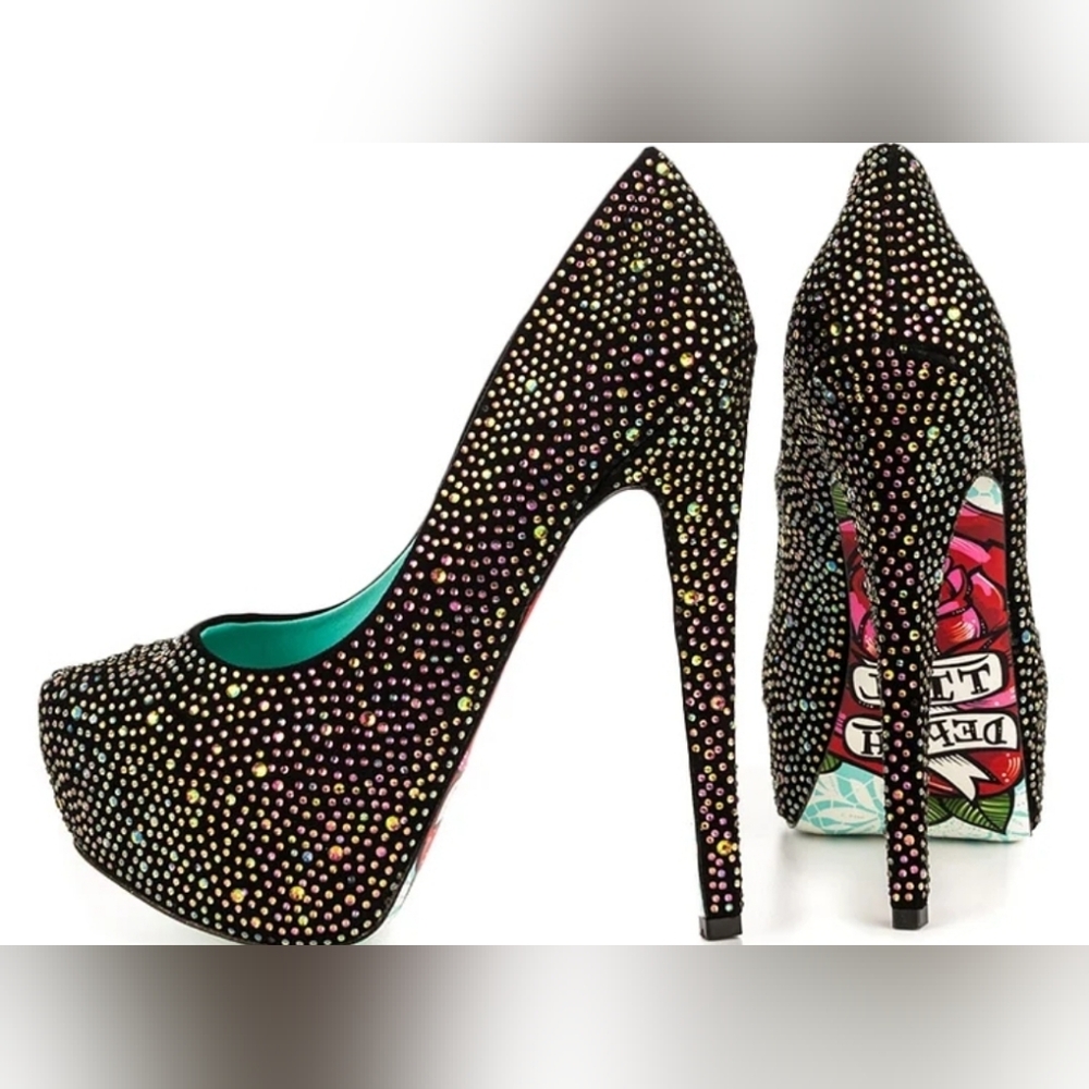 ISO FSJ Black High Heels Shoes Iridescent Rhinestone Closed Toe Platform Pumps